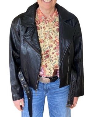 Maxima Black Leather Belted Moto Jacket size M pristine like new condition